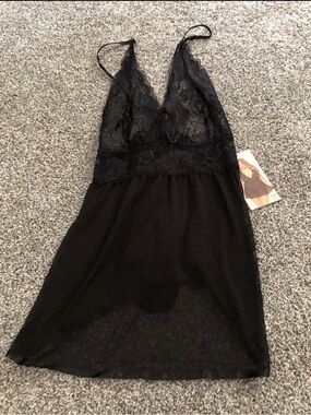 Seven Til Midnight Black 2 Pc Floral Galloon Lace Babydoll W/Panty, 1X/2X, NEW